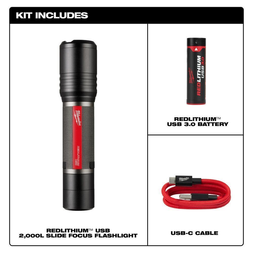 NWT Milwaukee 2,000 Lumens REDLITHIUM USB Slide Focus Flashlight